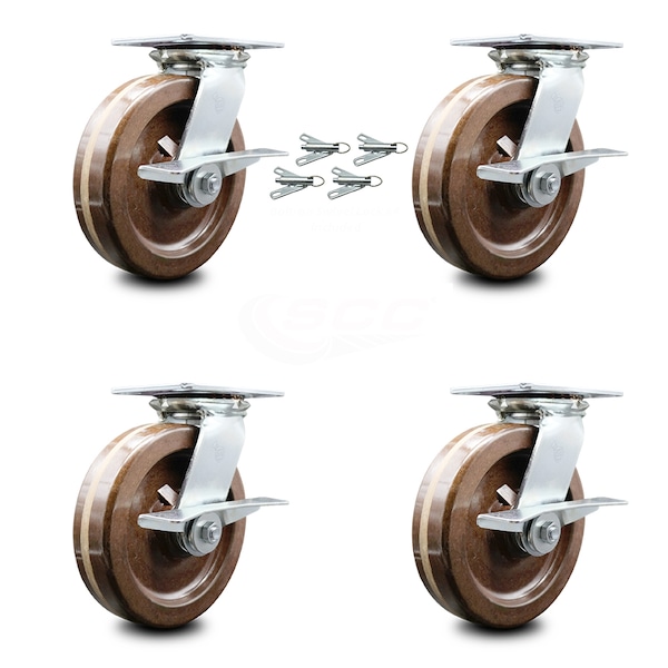8 Inch High Temp Phenolic Caster Set with Roller Bearing and Brakes/Swivel Locks